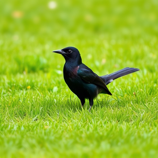 Blackbird standing on lush green lawn