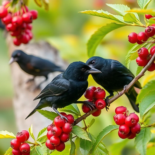 Blackbirds pecking at berries