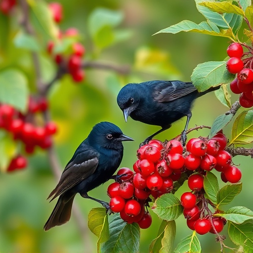 Blackbirds pecking at berries