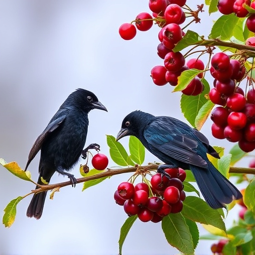 Blackbirds pecking at berries