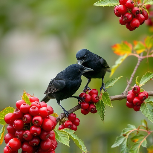 Blackbirds pecking at berries