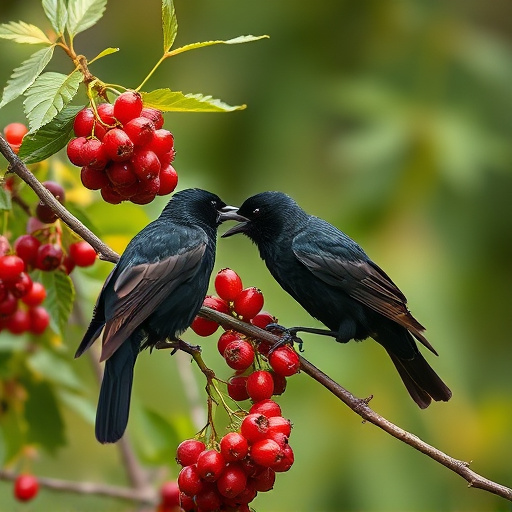 Blackbirds pecking at berries