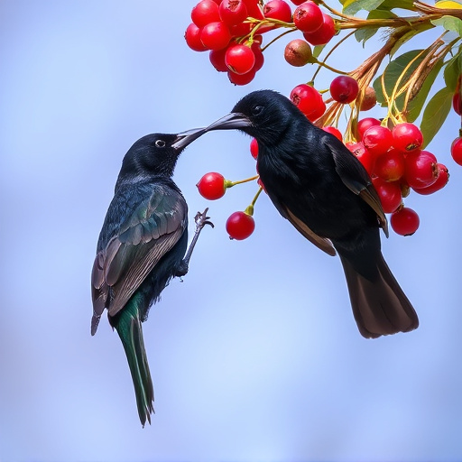 Blackbirds pecking at berries