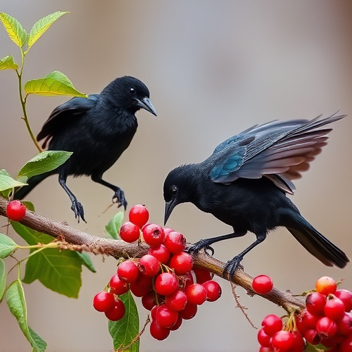 Blackbirds pecking at berries