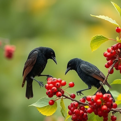 Blackbirds pecking at berries