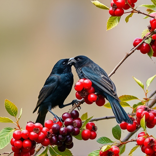 Blackbirds pecking at berries