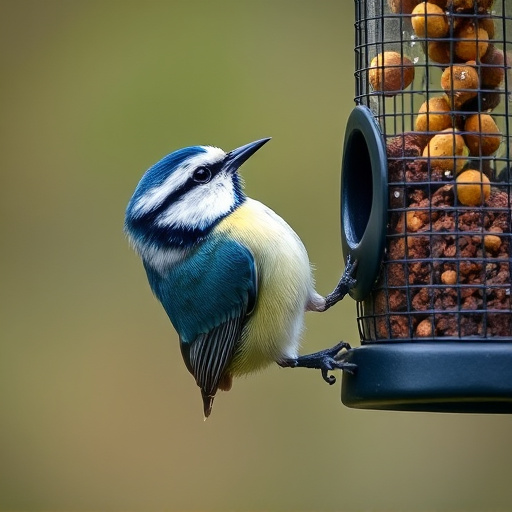 Blue tit clinging to feeder tube