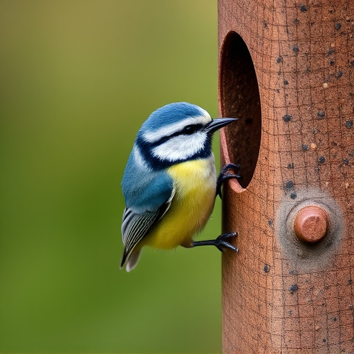 Blue tit clinging to feeder tube