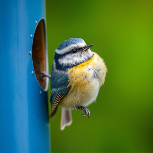Blue tit clinging to feeder tube