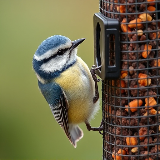 Blue tit clinging to feeder tube
