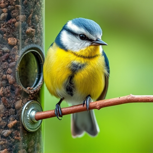 Blue tit clinging to feeder tube