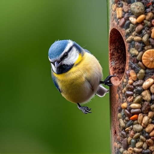 Blue tit clinging to feeder tube