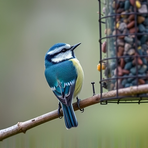 Blue tit clinging to feeder tube