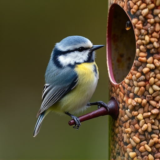Blue tit clinging to feeder tube