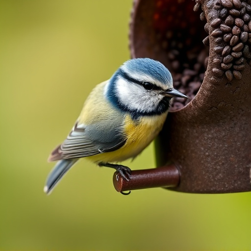 Blue tit clinging to feeder tube