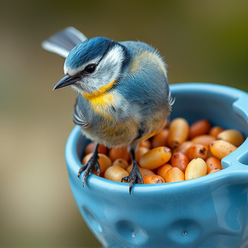 Blue tit clinging to mealworm-filled dish