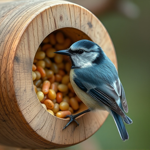 Blue tit clinging to mealworm-filled dish