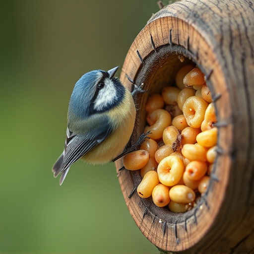 Blue tit clinging to mealworm-filled dish