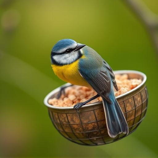 Blue tit clinging to mealworm-filled dish