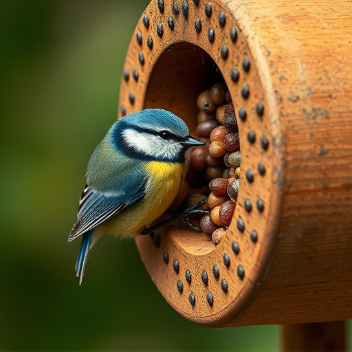 Blue tit clinging to mealworm-filled dish