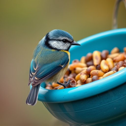 Blue tit clinging to mealworm-filled dish