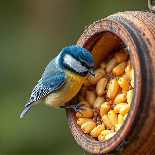 Blue tit clinging to mealworm-filled dish