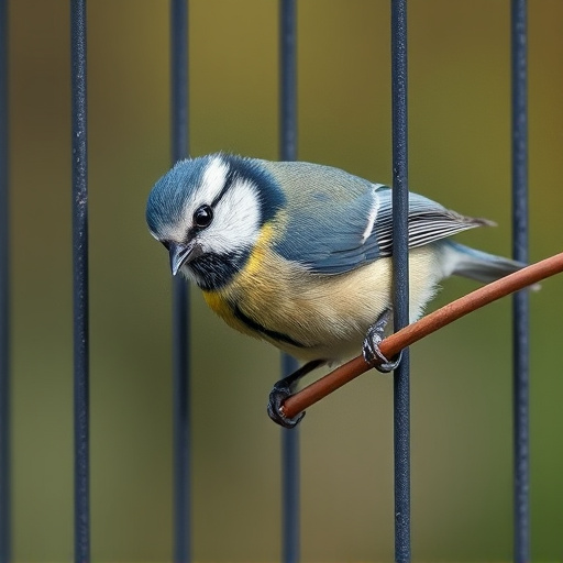 Blue tit eating suet from hanging cage