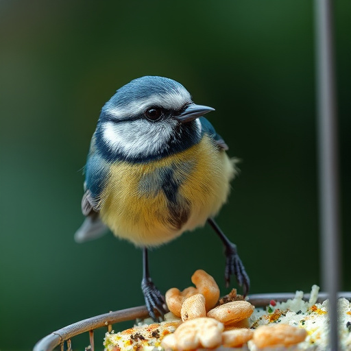 Blue tit eating suet from hanging cage