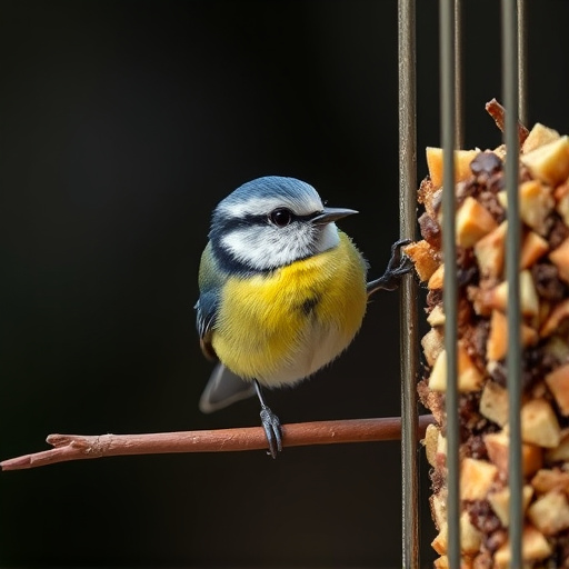 Blue tit eating suet from hanging cage