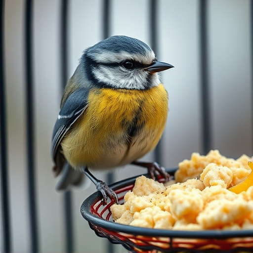 Blue tit eating suet from hanging cage