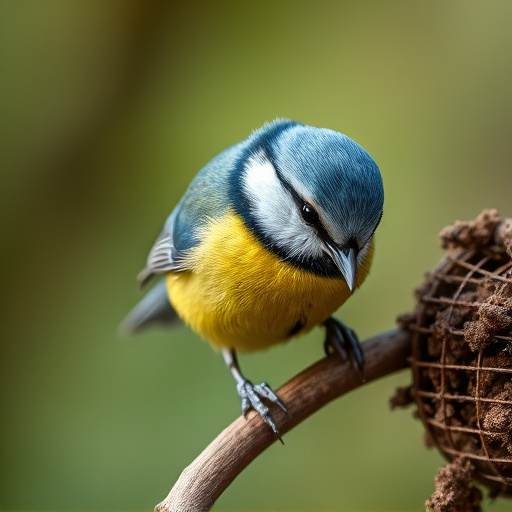 Blue tit eating suet from hanging cage