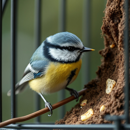 Blue tit eating suet from hanging cage