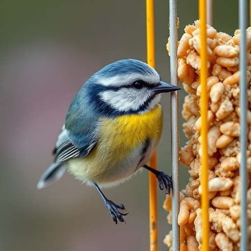 Blue tit eating suet from hanging cage