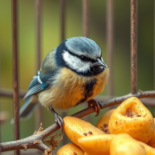 Blue tit eating suet from hanging cage