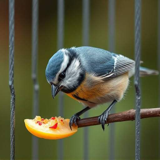 Blue tit eating suet from hanging cage