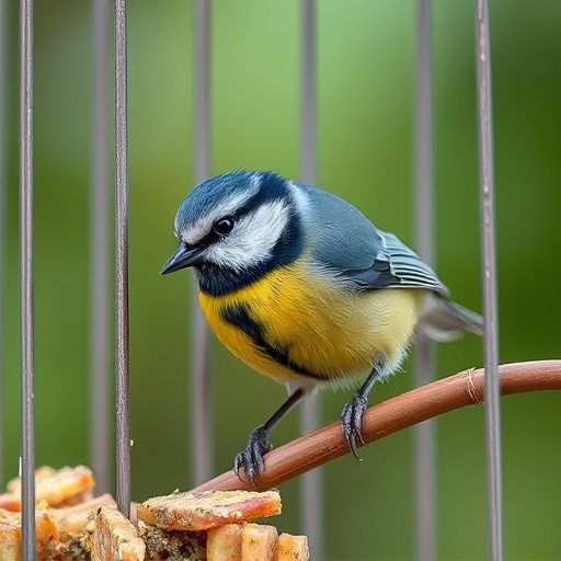 Blue tit eating suet from hanging cage