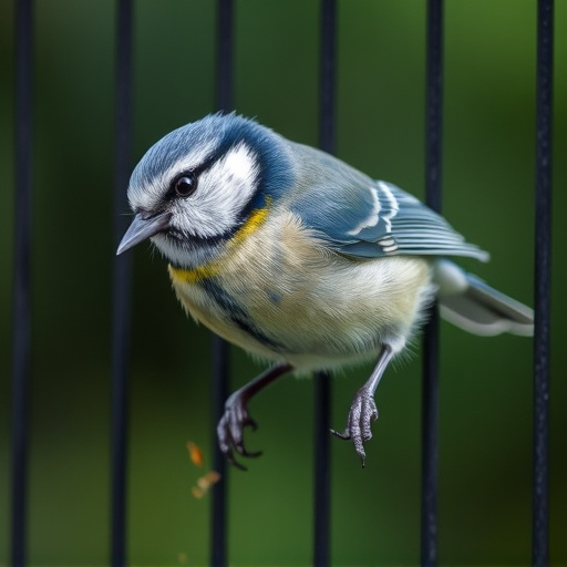 Blue tit eating suet from hanging cage