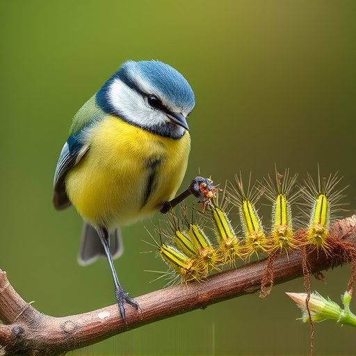 Blue tit feeding on caterpillars