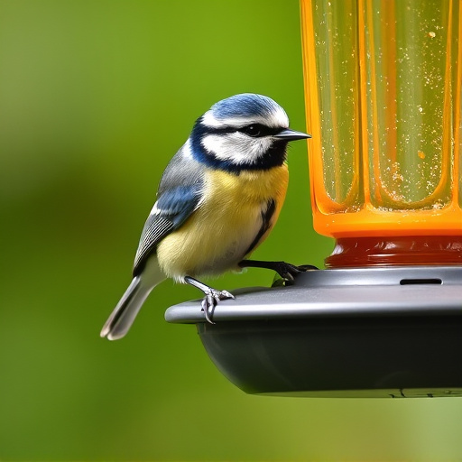 Blue tit feeding on hanging feeder