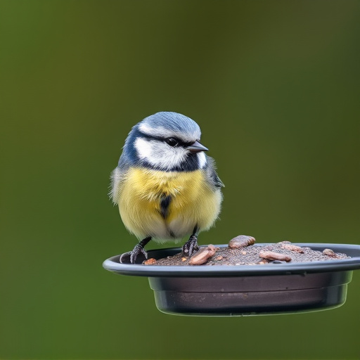 Blue tit feeding on hanging feeder