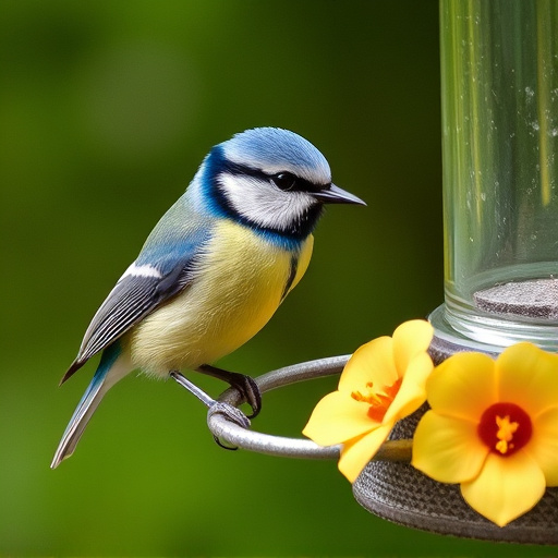 Blue tit feeding on hanging feeder