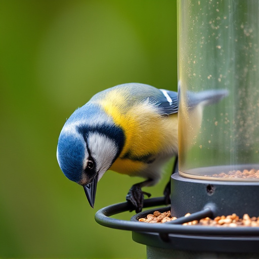 Blue tit feeding on hanging feeder