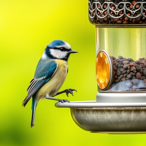 Blue tit feeding on hanging feeder
