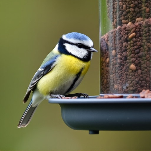 Blue tit feeding on hanging feeder