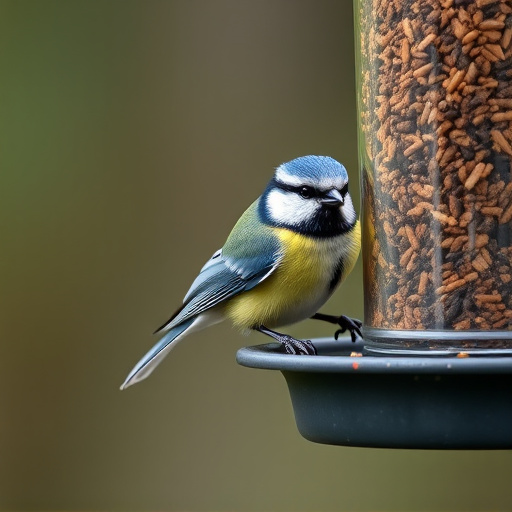 Blue tit feeding on hanging feeder