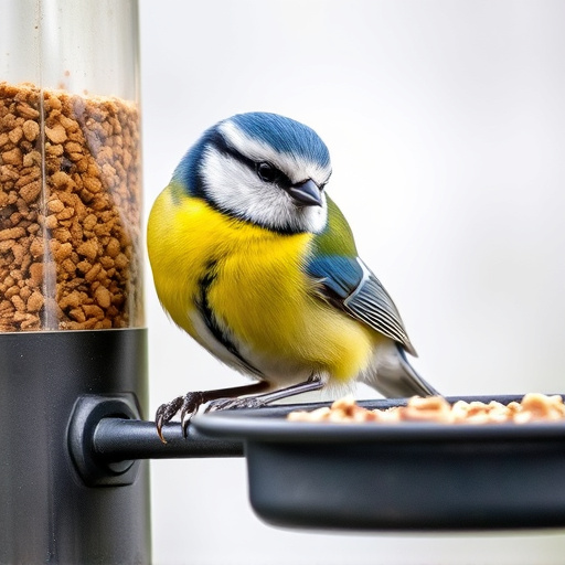 Blue tit feeding on hanging feeder
