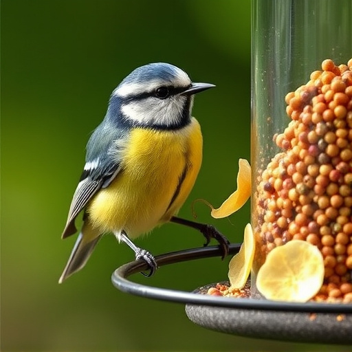 Blue tit feeding on hanging feeder
