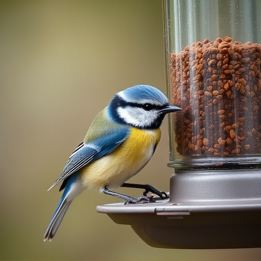 Blue tit feeding on hanging feeder