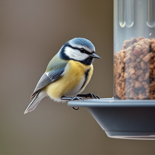 Blue tit feeding on hanging feeder