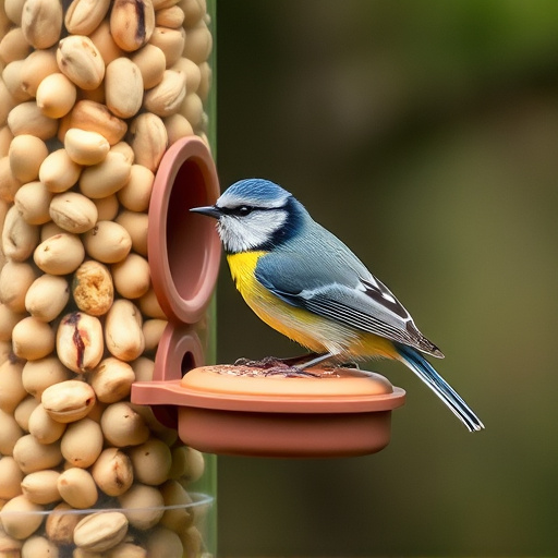 Blue tit feeding on hanging peanut feeder